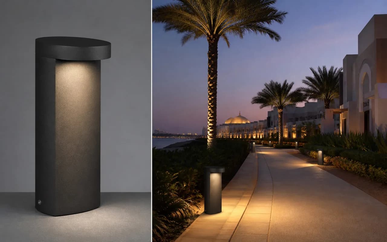 Black garden bollard beside an illustrative palm-lined walkway lighting concept
