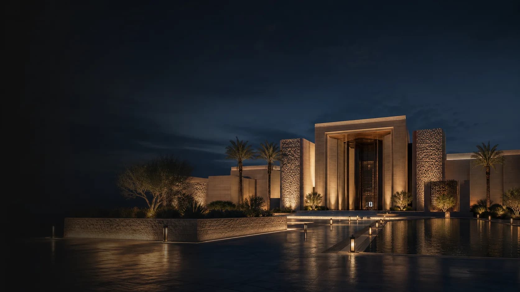 Illustrative GCC villa exterior with warm facade and landscape lighting at night